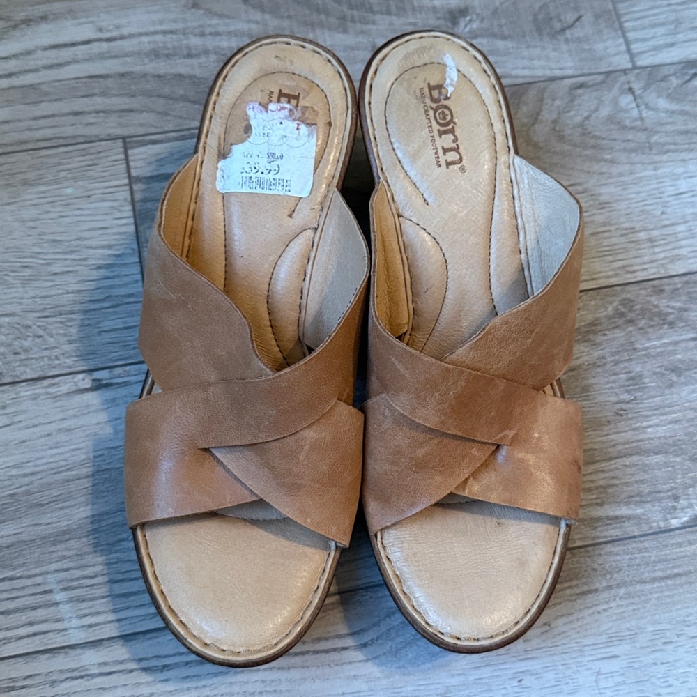 Born cross cross tan leather slide platform heels 9 - Picture 2 of 7